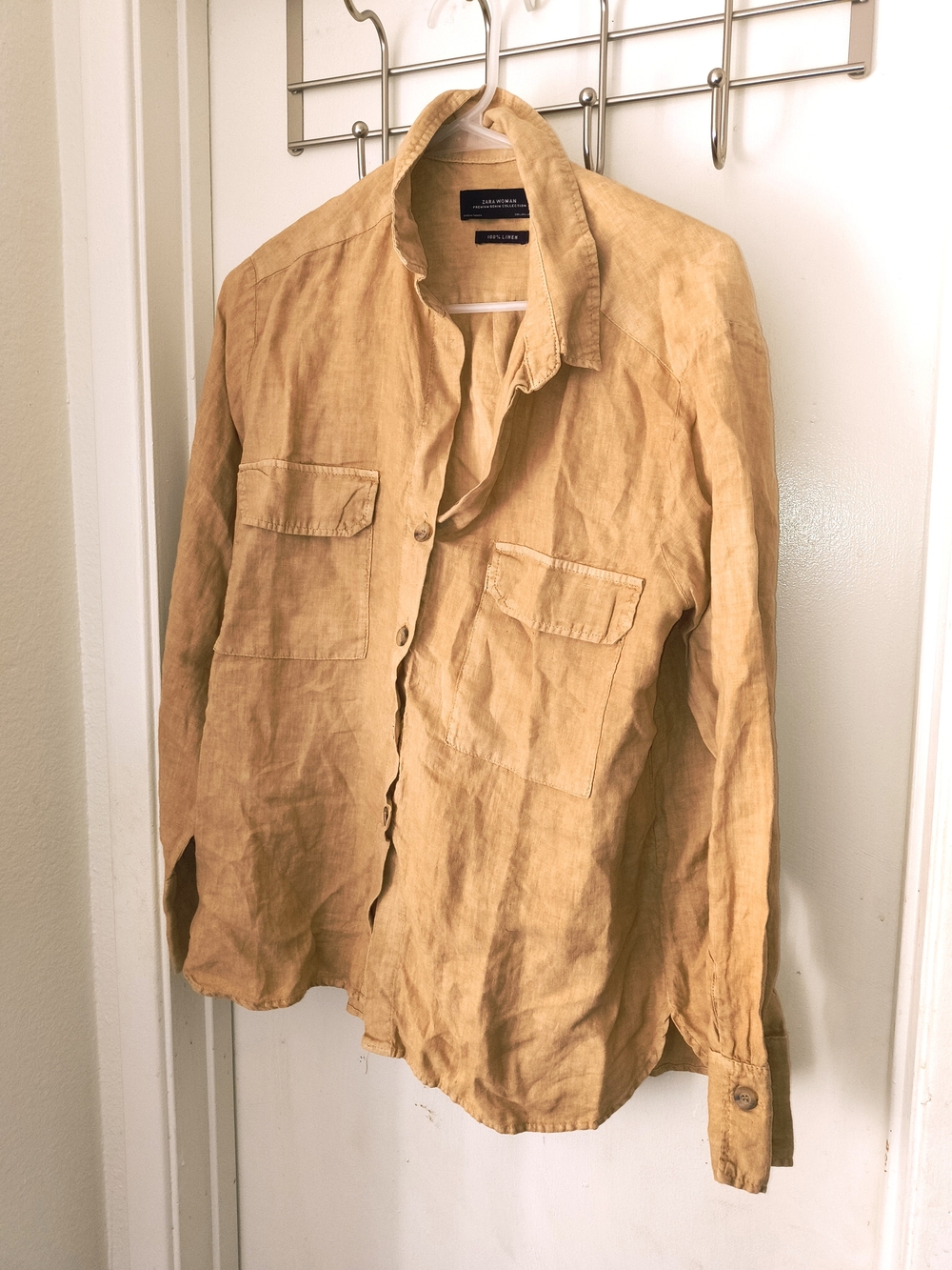 Zara Yellow-Tan Linen Button-Down Shirt